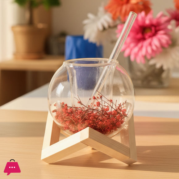 Globe Shape Iced Tea Glass with Wooden Stand Elegant & Aesthetic Drinkware - 250ml