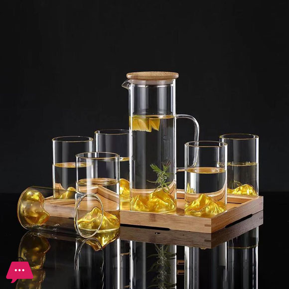 Glow Max Golden Mountain Water Set with Bamboo Tray - 8 Pc