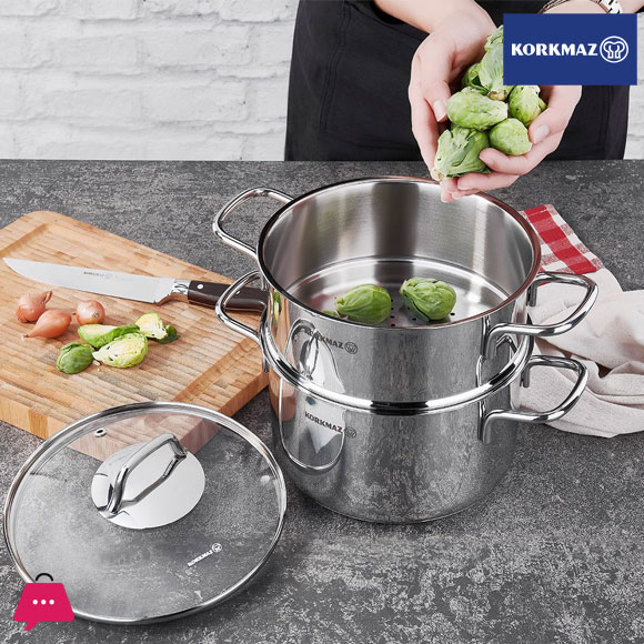 Korkmaz Perla High Quality Stainless Steel Steamer Pot Set 24cm