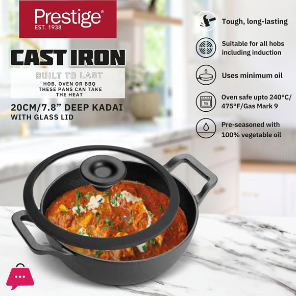 Prestige Cast Iron Wok Kadai 20 CM Iron Kadhai with Glass Lid for Cooking and Deep Frying Pre Seasoned Induction Cookware