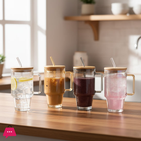 Tumbler Glass Cup with Bamboo Lid & Straw - 600ml
