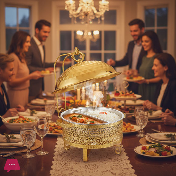 8L Gold Double Basin Large Stainless Steel Gold Round Hanging Food Warmer Chafing Dish Buffet
