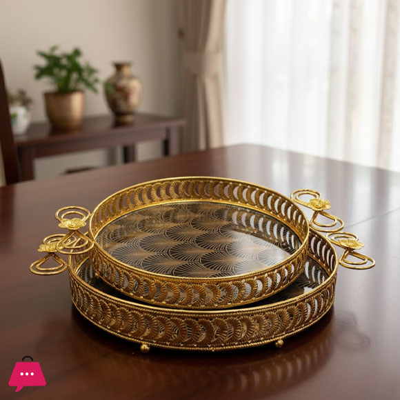 Round Metal Mirror Makeup Tray Jewelry Trinket Tray Cosmetic Perfume Tray for Dresser Bathroom Bedroom Countertop Organizer Tray 2PC