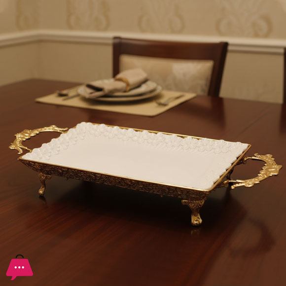 Elegant Golden Rectangular Serving Tray with Textured Porcelain Platter