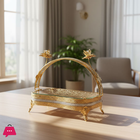 Exquisite Golden Lotus Decorative Serving Platter with Crystal Accents