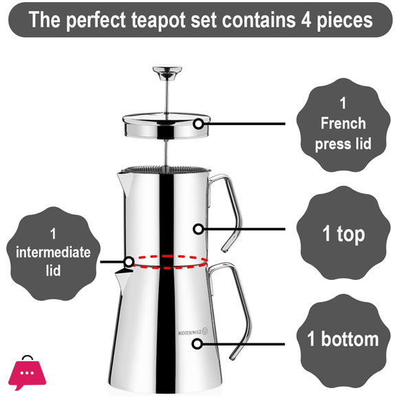 korkmaz Aqua 18/10 Stainless Steel Turkish Teapot Set, French Teapot Tea Kettle with 30 oz and 50 oz