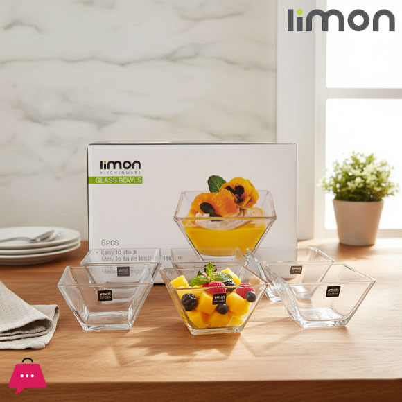 Limon Square Glass Bowl Pack of 6 Pcs 200ml Iran Made