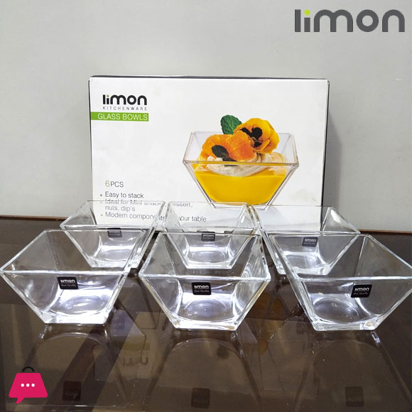Limon Square Glass Bowl Pack of 6 Pcs 200ml Iran Made