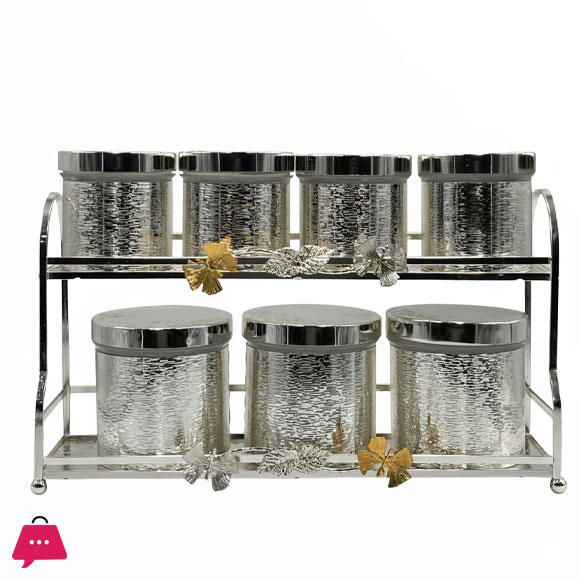 Luxury 8-Piece Gold-Tone Canister Set with 2-Tier Rack Ornate Kitchen Spice, Tea, or Dry Food Storage Jars