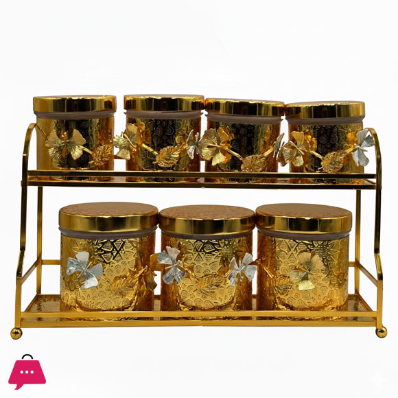 Luxury 8-Piece Gold-Tone Canister Set with 2-Tier Rack Ornate Kitchen Spice, Tea, or Dry Food Storage Jars