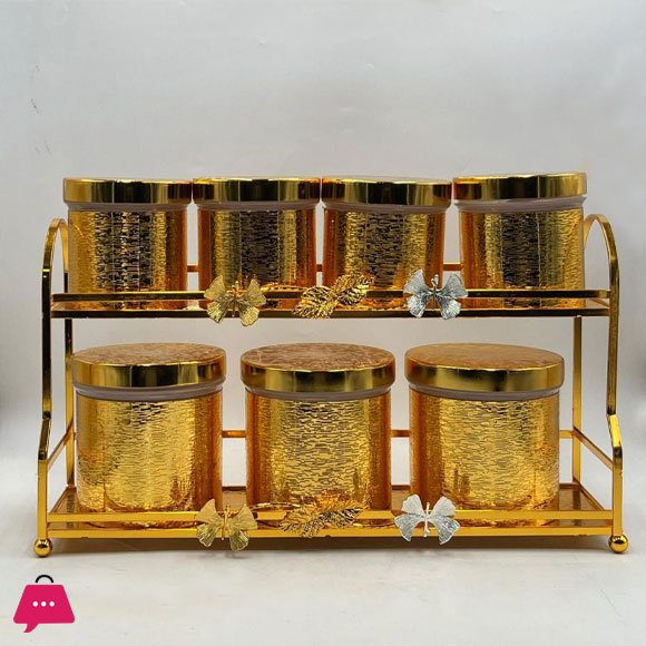 Luxury 8-Piece Gold-Tone Canister Set with 2-Tier Rack Ornate Kitchen Spice, Tea, or Dry Food Storage Jars