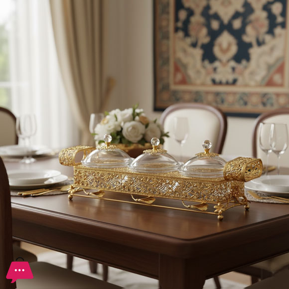 Luxury Golden 3-Bowl Serving Set with Crystal Lid Knobs – Decorative Dry Fruit & Candy Server