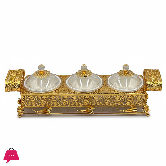 Luxury Golden 3-Bowl Serving Set with Crystal Lid Knobs – Decorative Dry Fruit & Candy Server