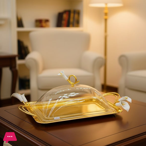 Orchid Flower Rectangle Serving Plate with Acrylic Lid and Ornate Gold Handles
