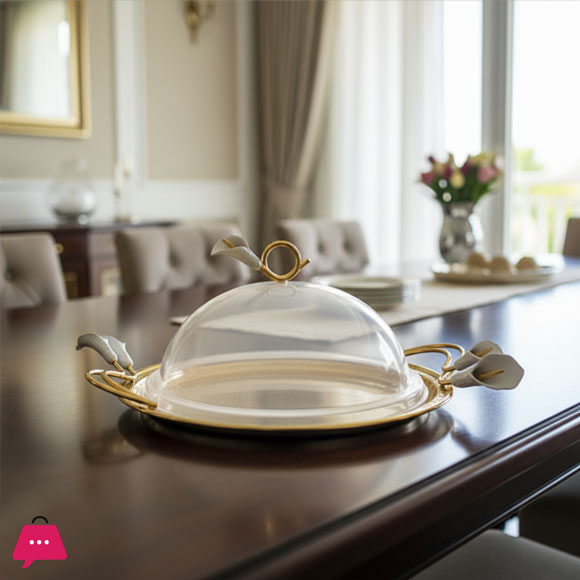 Orchid Flower Round Serving Plate with Acrylic Lid and Ornate Gold Handles