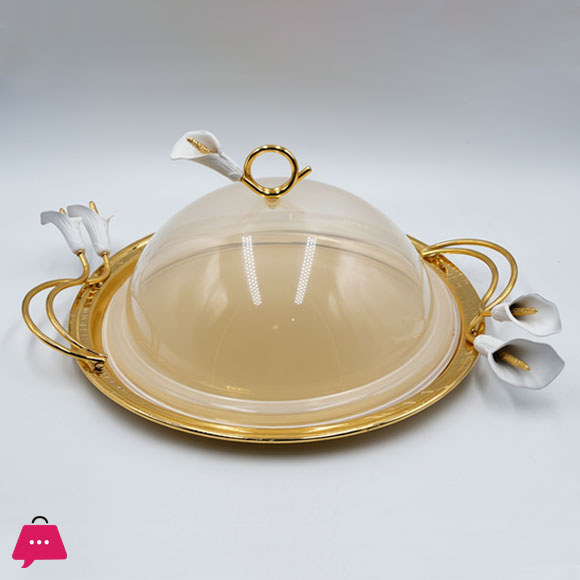 Orchid Flower Round Serving Plate with Acrylic Lid and Ornate Gold Handles