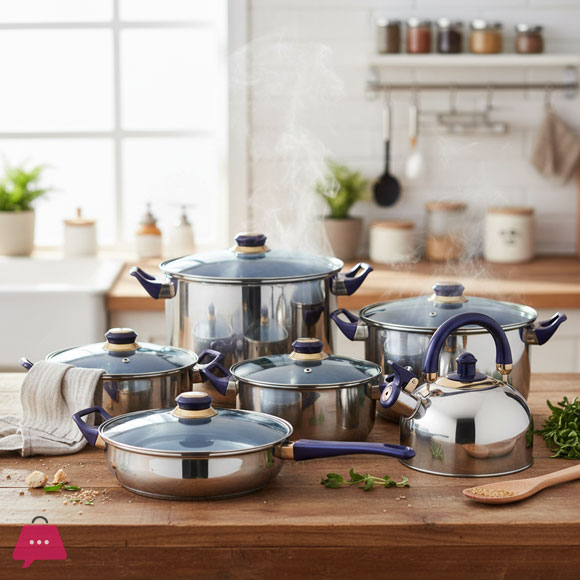 Stainless Steel Premium Quality Cookware Set with Kettle Glass Lid