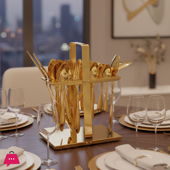 Versace Design Stainless Steel Gold Plated Cutlery Set with Stand - 29 Pcs