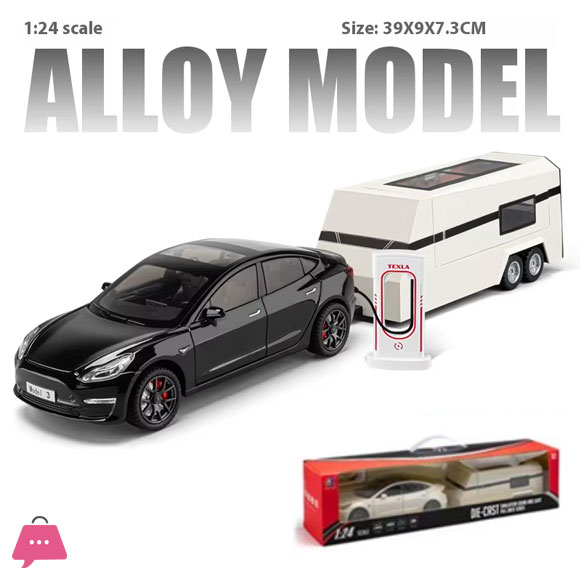 1:24 Scale Tesla Model 3 Trailer RV Model Childrens Toy Car With Sound and Light