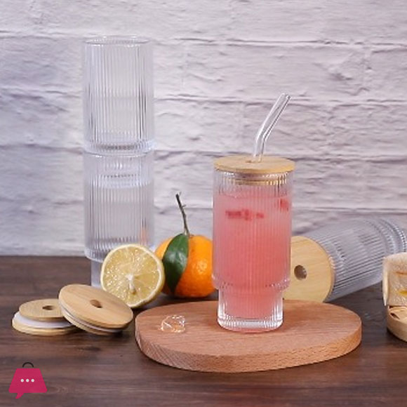 12oz Ribbed Drinking Glasses with Lids & Straw Glassware for Juice Cocktail