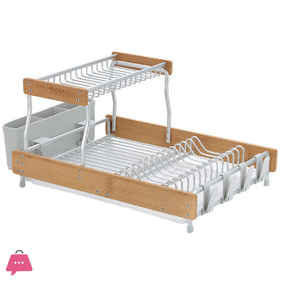 2 Tier Aluminum Dish Rack with Bamboo Frame