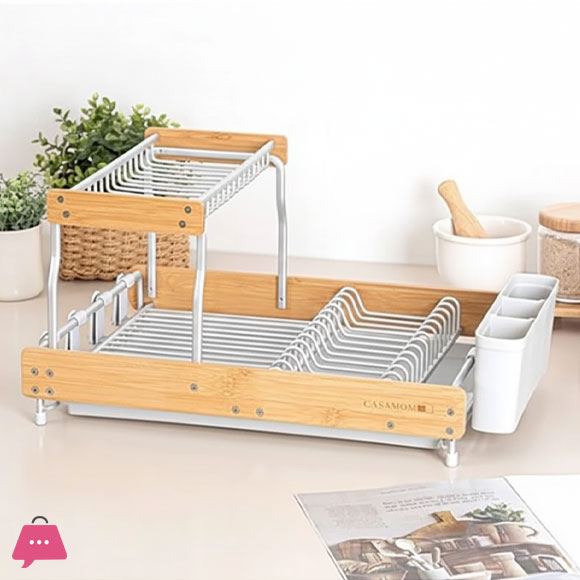2 Tier Aluminum Dish Rack with Bamboo Frame