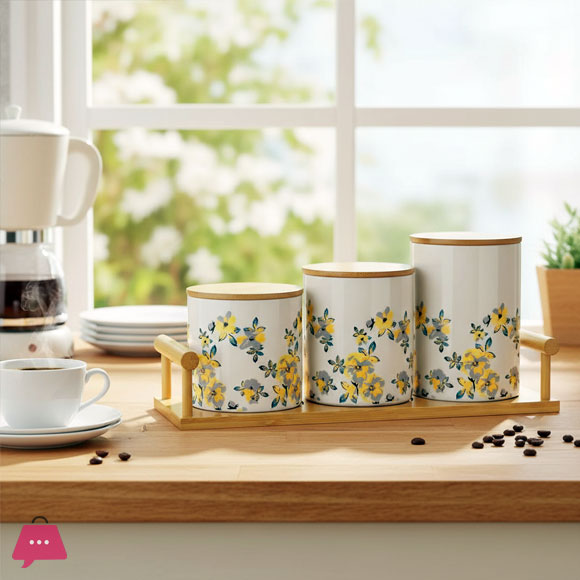 3-Pcs Ceramic Jar Set Bamboo Lid with Stand
