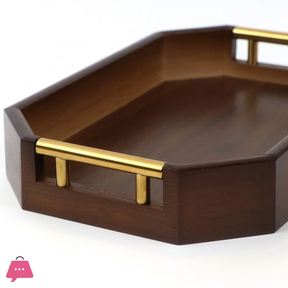 3-Piece Wooden Serving Tray Set with Gold Metal Handle
