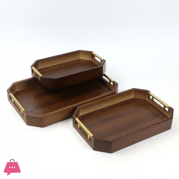 3-Piece Wooden Serving Tray Set with Gold Metal Handle