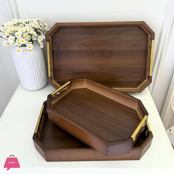 3-Piece Wooden Serving Tray Set with Gold Metal Handle
