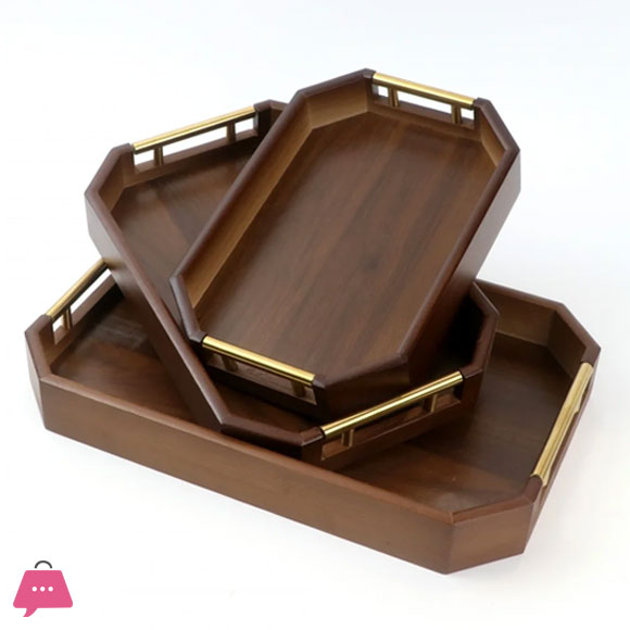 3-Piece Wooden Serving Tray Set with Gold Metal Handle