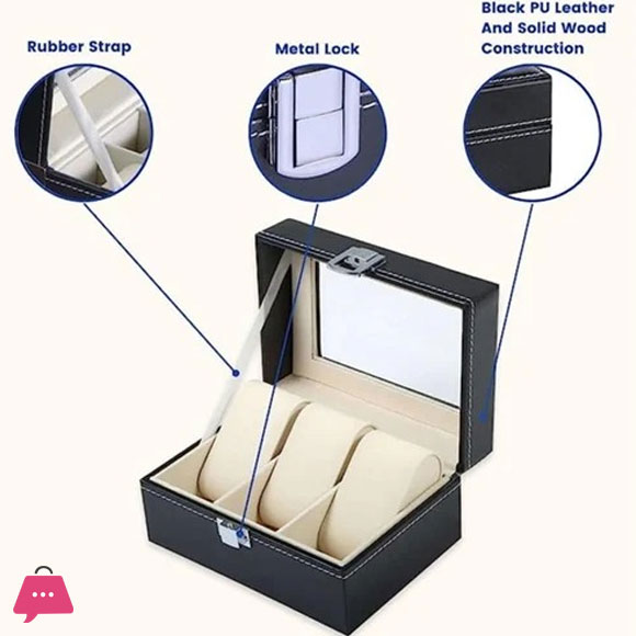 3- Slot Black PU Leather Watch Storage Box