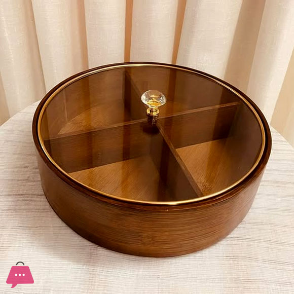 4 Compartment Round Divided Dry fruits Snacks Tray with Gold-Rimmed Glass Lid 28cm