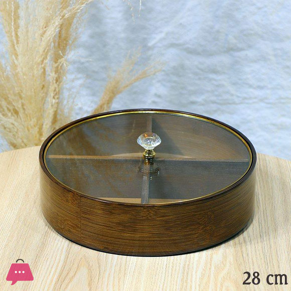4 Compartment Round Divided Dry fruits Snacks Tray with Gold-Rimmed Glass Lid 28cm