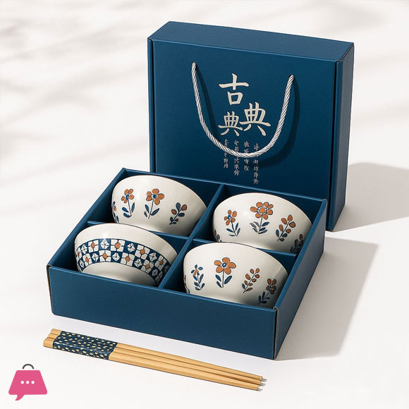 6pcs Koren Style Porcelain Bowl and Chopstick Set, Ceramic Tableware with Camellia Design, Microwave Safe, Round Shape