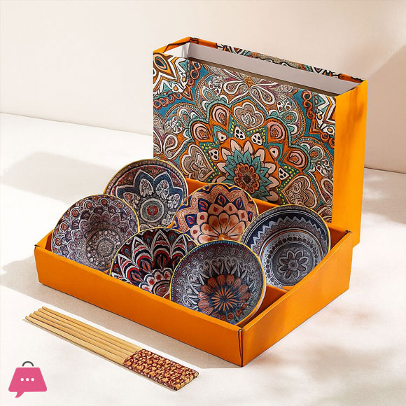 6pcs Koren Style Porcelain Bowl and Chopstick Set, Ceramic Tableware with Camellia Design, Microwave Safe, Round Shape