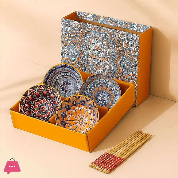 6pcs Koren Style Porcelain Bowl and Chopstick Set, Ceramic Tableware with Camellia Design, Microwave Safe, Round Shape