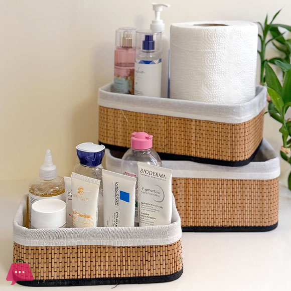 Natural Bamboo Storage Baskets with Fabric Lining Set of 3
