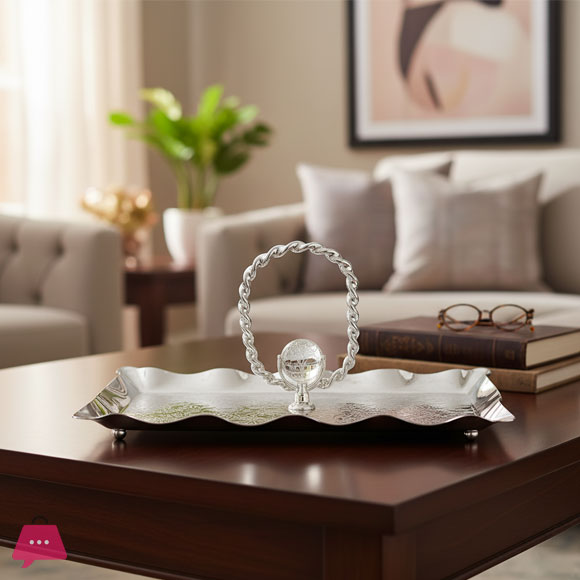 Rectangular Silver Plated Serving Tray with Central Handle