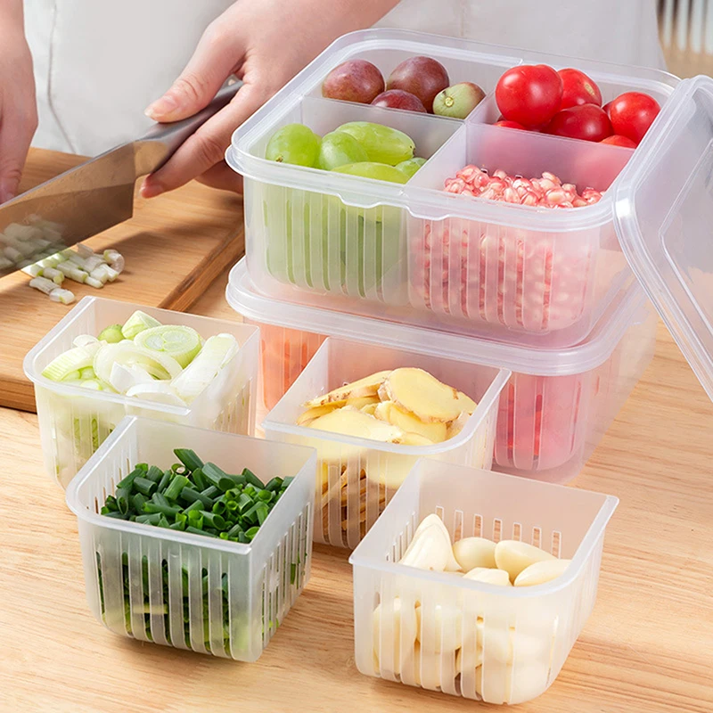 Refrigerator Storage Box 4-Grid Food Vegetable Fruit Storage Box Fridge 1-Pcs