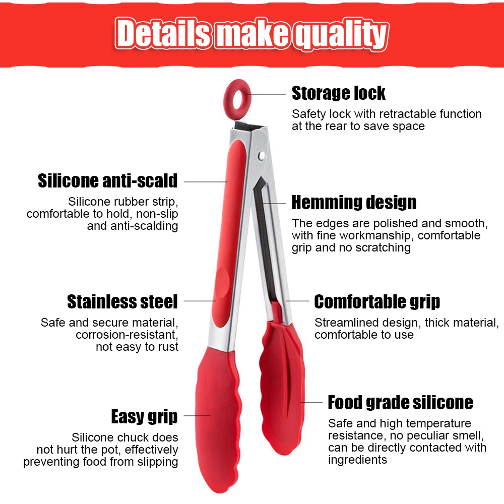 Food Tong Stainless Steel Kitchen Tongs Silicone Nylon Non-Slip Cooking Clip Clamp BBQ Salad Tools Grill