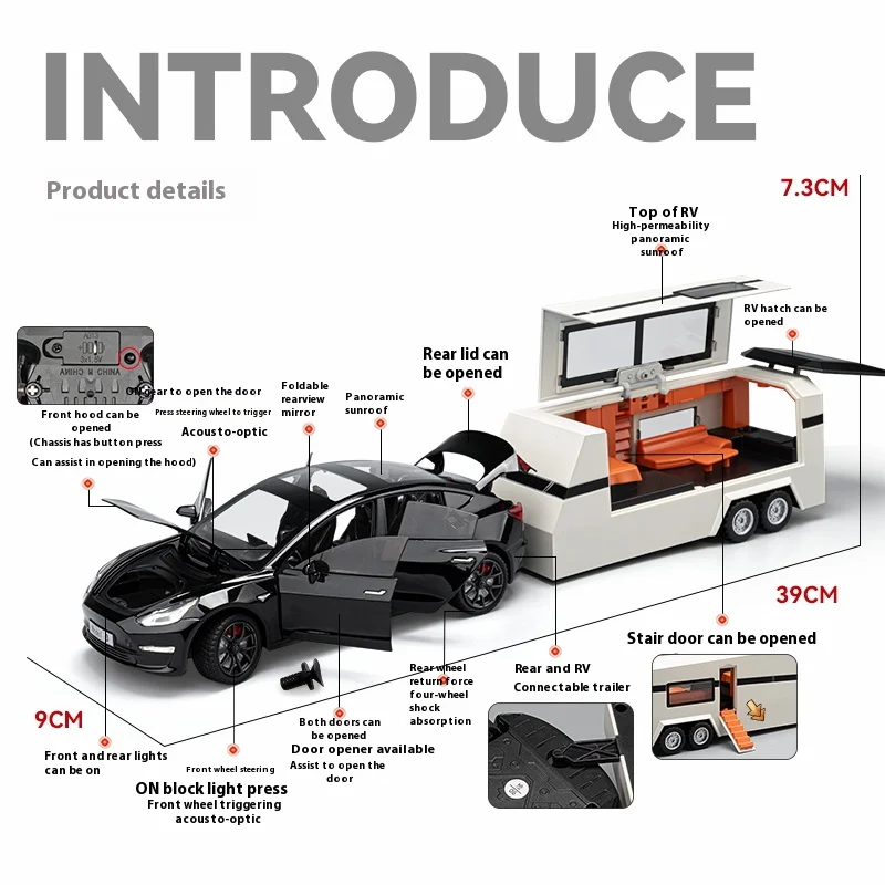 1:24 Scale Tesla Model 3 Trailer RV Model Childrens Toy Car With Sound and Light