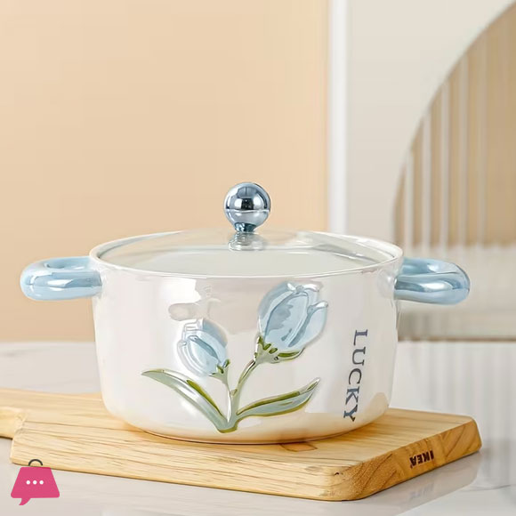 Ceramic Bowl with Lid Pearl Glazed Tulip Double Ear Pasta Bowl