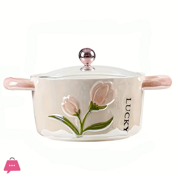 Ceramic Bowl with Lid Pearl Glazed Tulip Double Ear Pasta Bowl