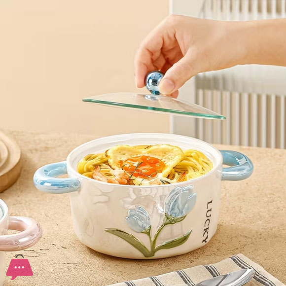 Ceramic Bowl with Lid Pearl Glazed Tulip Double Ear Pasta Bowl