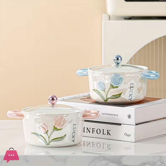 Ceramic Bowl with Lid Pearl Glazed Tulip Double Ear Pasta Bowl