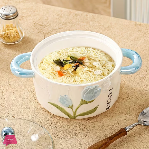 Ceramic Bowl with Lid Pearl Glazed Tulip Double Ear Pasta Bowl