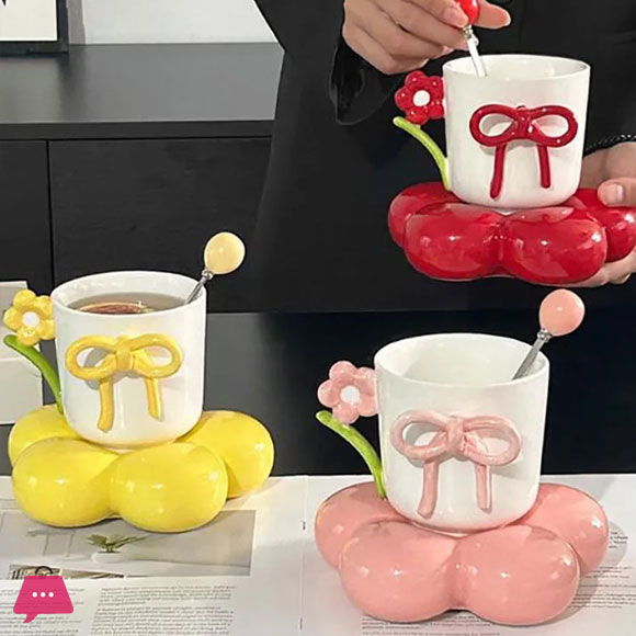 Creative Bow Ceramic Mug Home Flower Coffee Cup Saucer