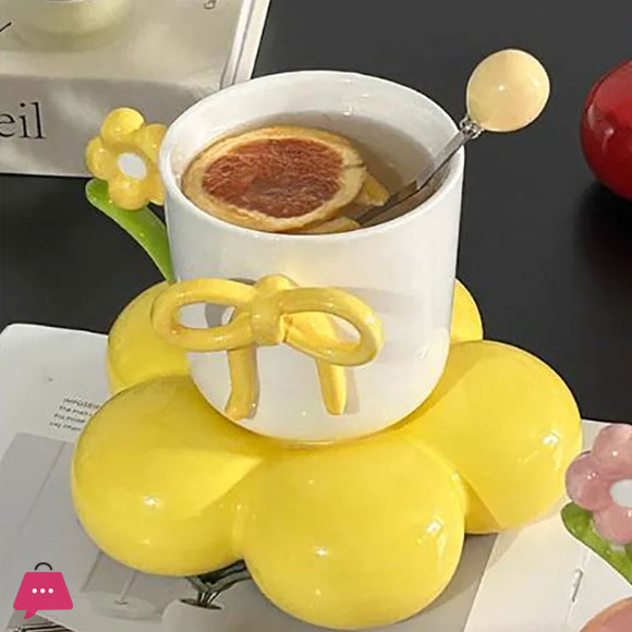 Creative Bow Ceramic Mug Home Flower Coffee Cup Saucer