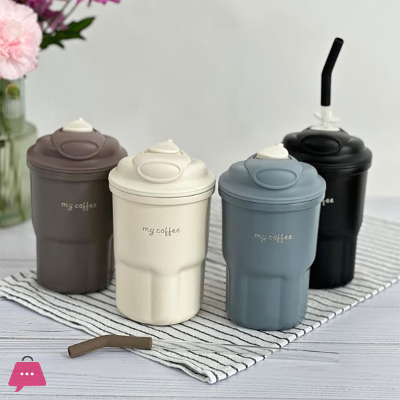 Cute Korean Coffee Cup Thermos With Straw Tumbler 450ml
